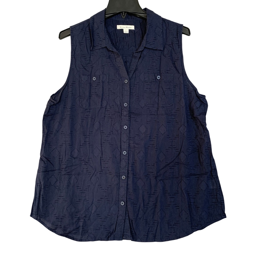 Studio Works Women's L Sleeveless Button Down Shirt Navy Blue Cotton Textured
